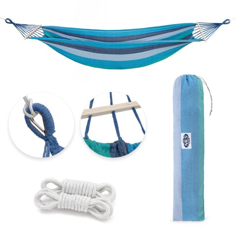 NC9004 NIEBIESKI-CIEMNONIEBIESKI HAMAK Z DREWNIANĄ BELKA 70CM I METALOWYM UCHWYTEM NILS CAMP