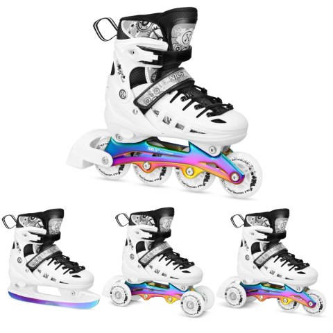 NH10905 4w1 ŁYŻWOROLKI LED BIAŁE Z WYM. PŁOZĄ HOKEJOWĄ RAINBOW ROZM. S(31-34) NILS EXTREME