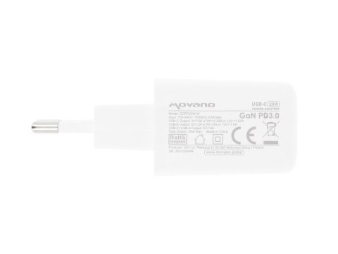 Ładowarka Movano GaN 20W USB-C PD + USB-A (white)