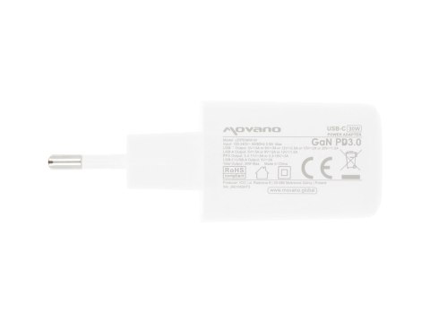 Ładowarka Movano GaN 30W USB-C PD + USB-A (white)